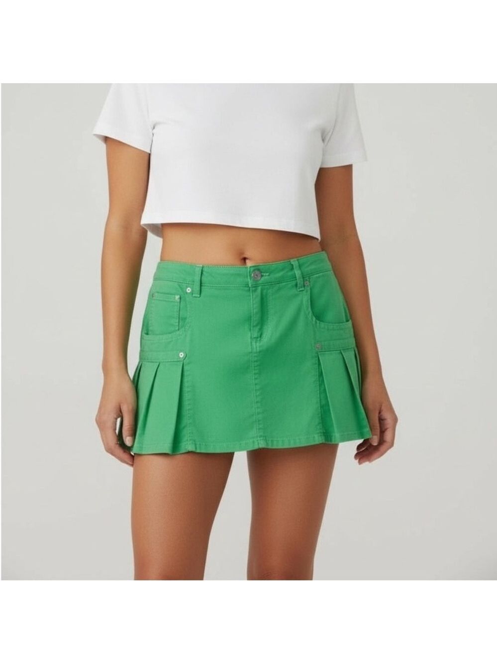 J&Co Y2K Spring Green Stretch Denim Micro Mini Skirt Low Rise Cargo Size 32